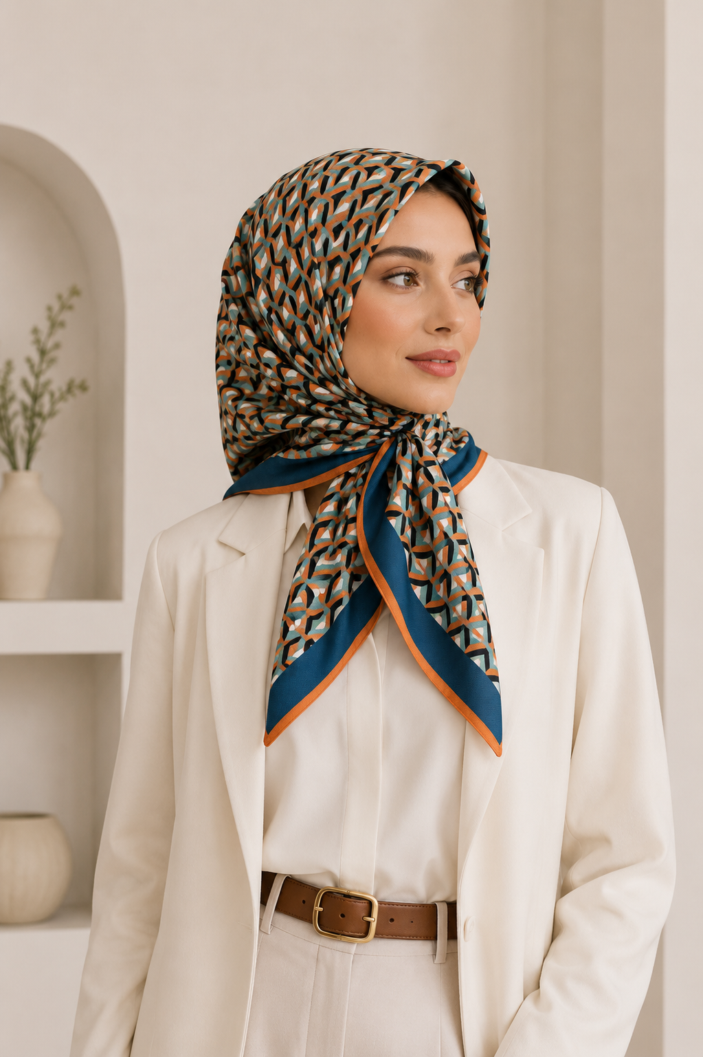 Geometrik Zincir Desen Levid’or Twill İpek Eşarp