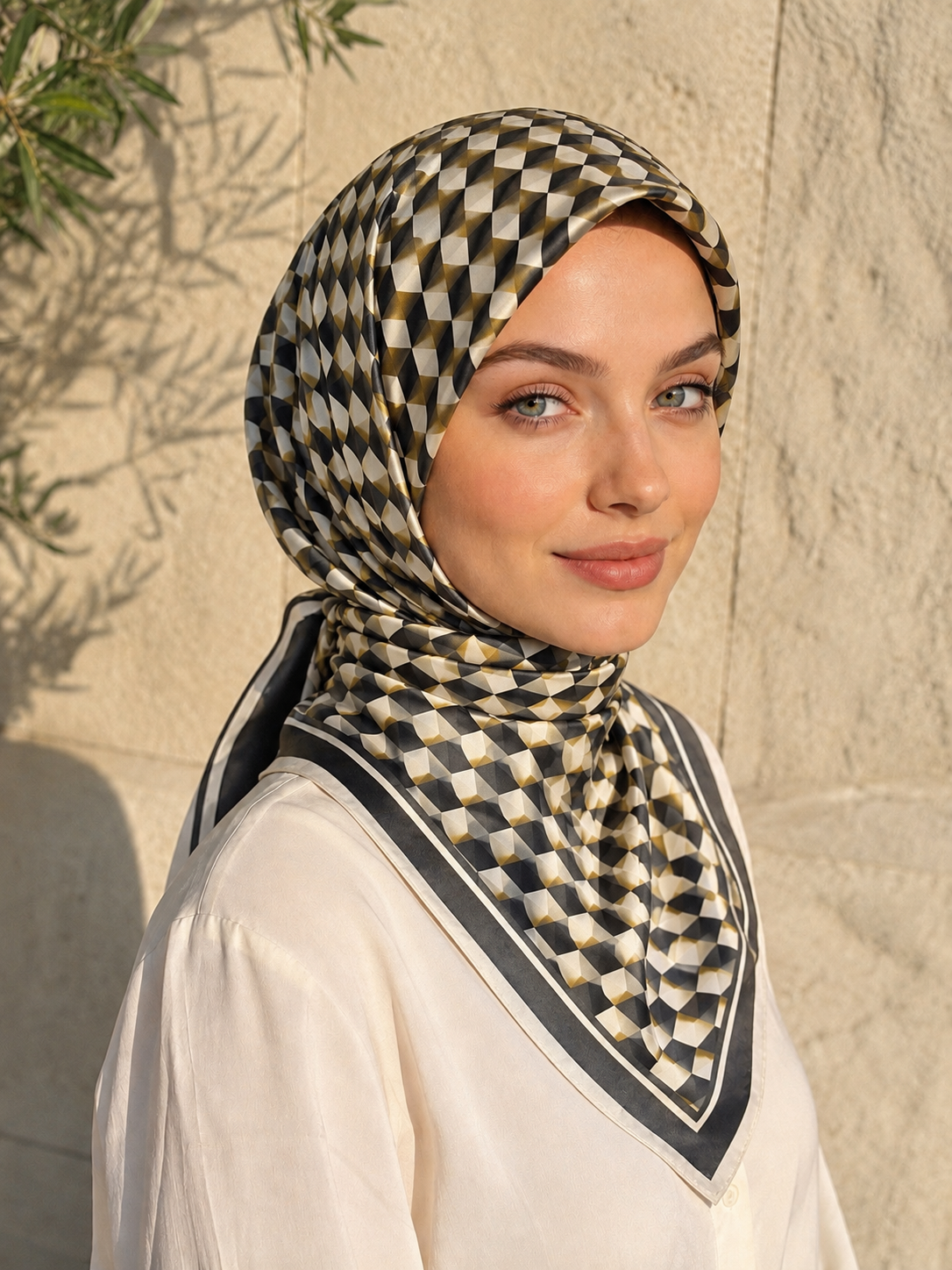 Geometrik Küp Desen Levid’or Twill İpek Eşarp