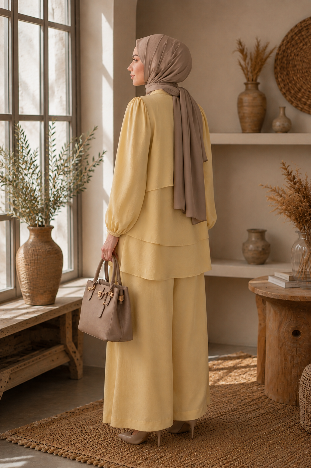 Çiçek Broş Detaylı Pantolon Takım Sarı