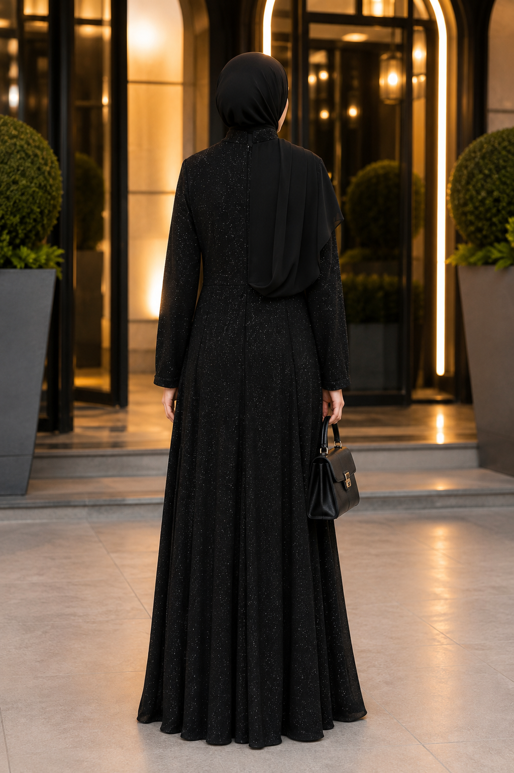 Sim Kumaşlı Drape Detaylı Abiye Siyah