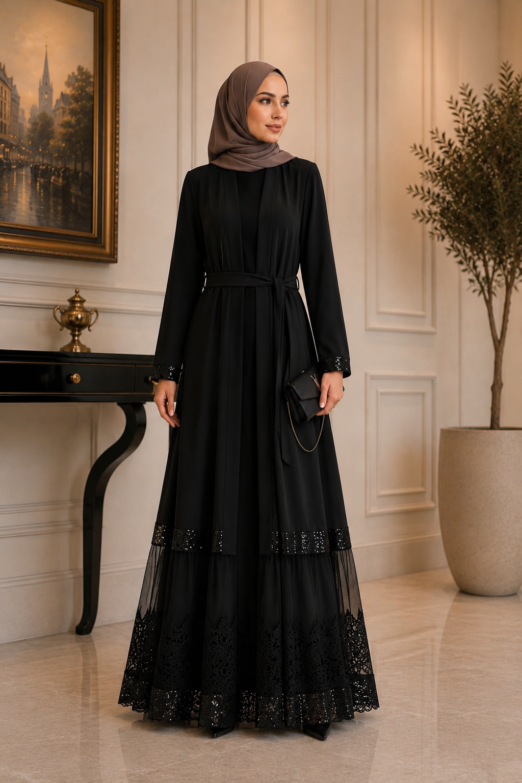 Dantel ve Payet Detaylı Abaya