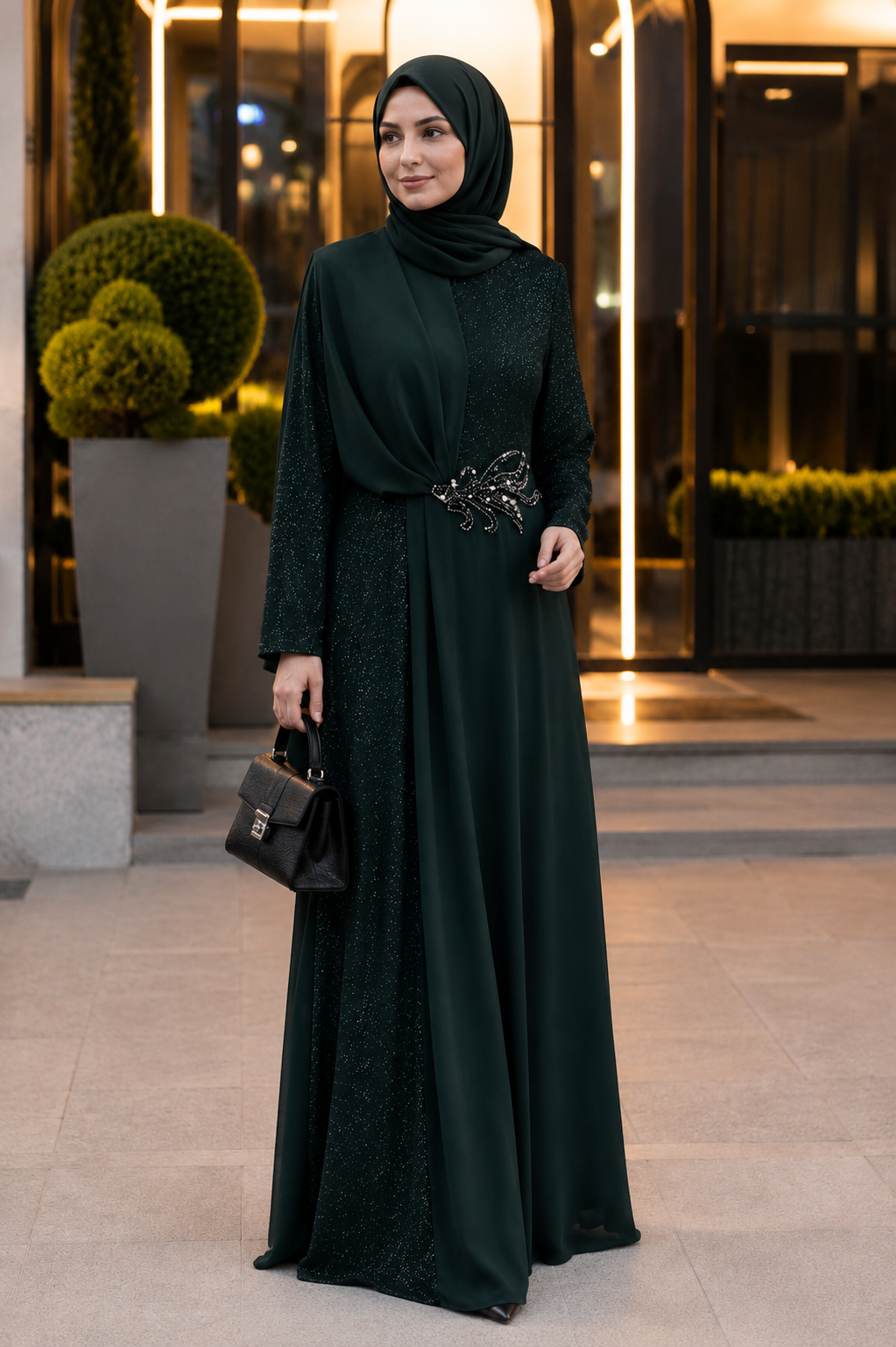 Sim Kumaşlı Drape Detaylı Abiye Zümrüt
