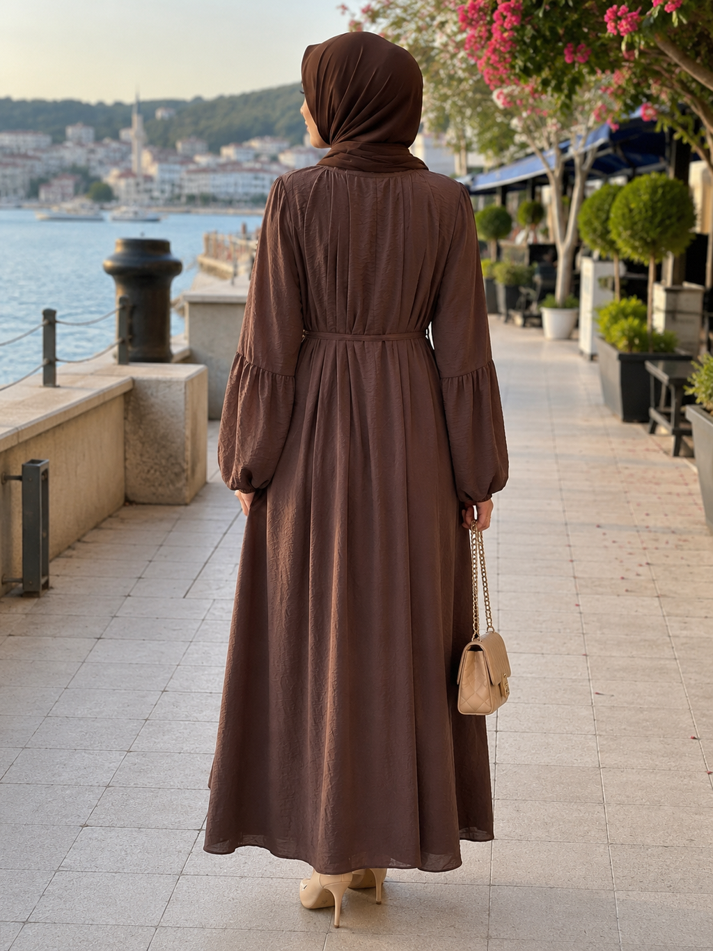Yaka Düğmeli Elbise Kahve