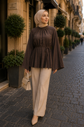 Bel Bağlamalı Peplum Bluz Koyu Kahve