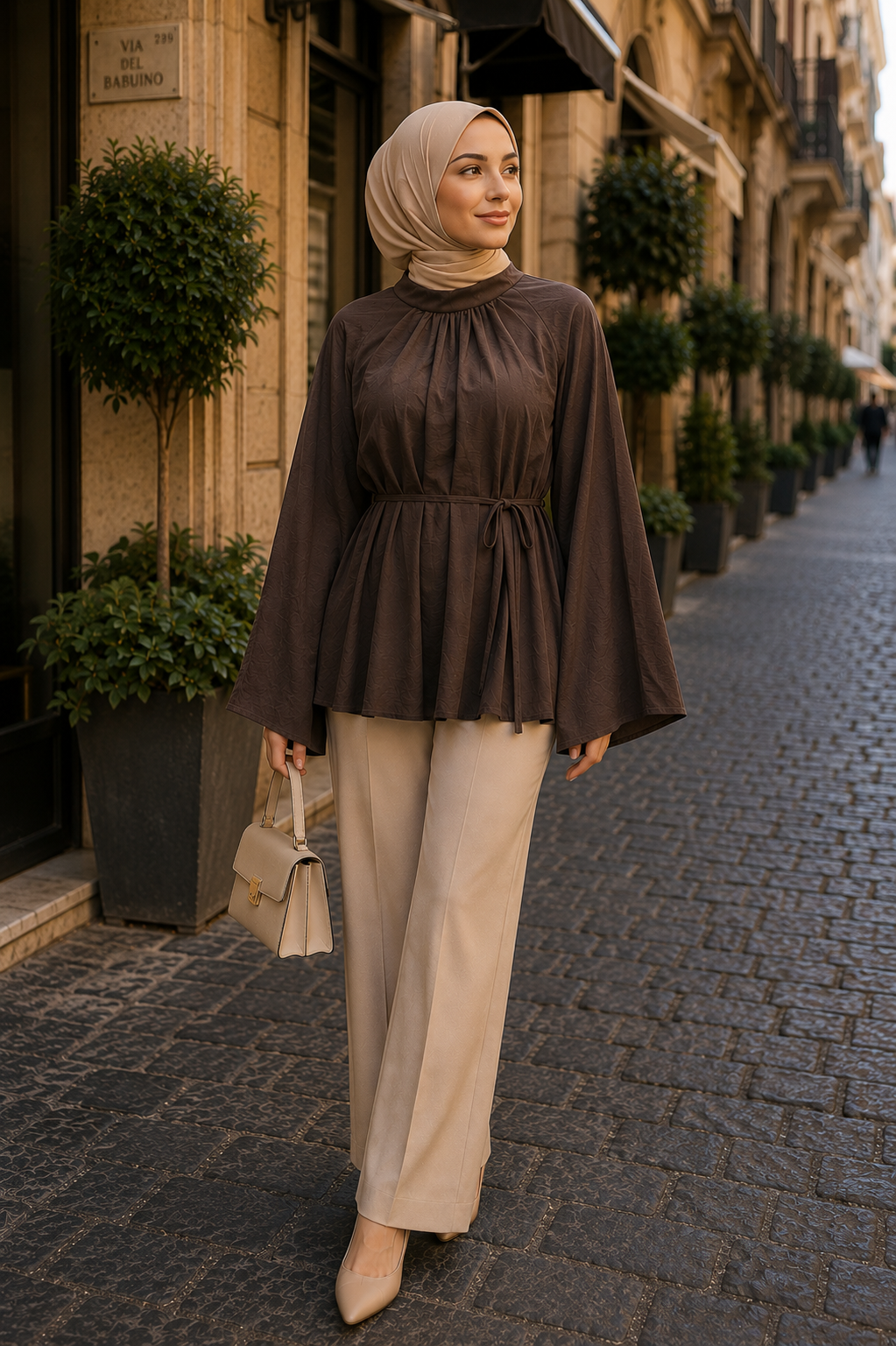 Bel Bağlamalı Peplum Bluz Koyu Kahve