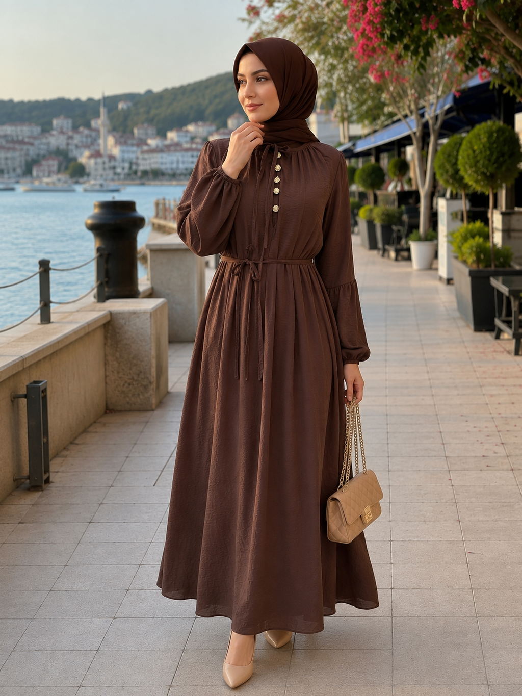 Yaka Düğmeli Elbise Kahve