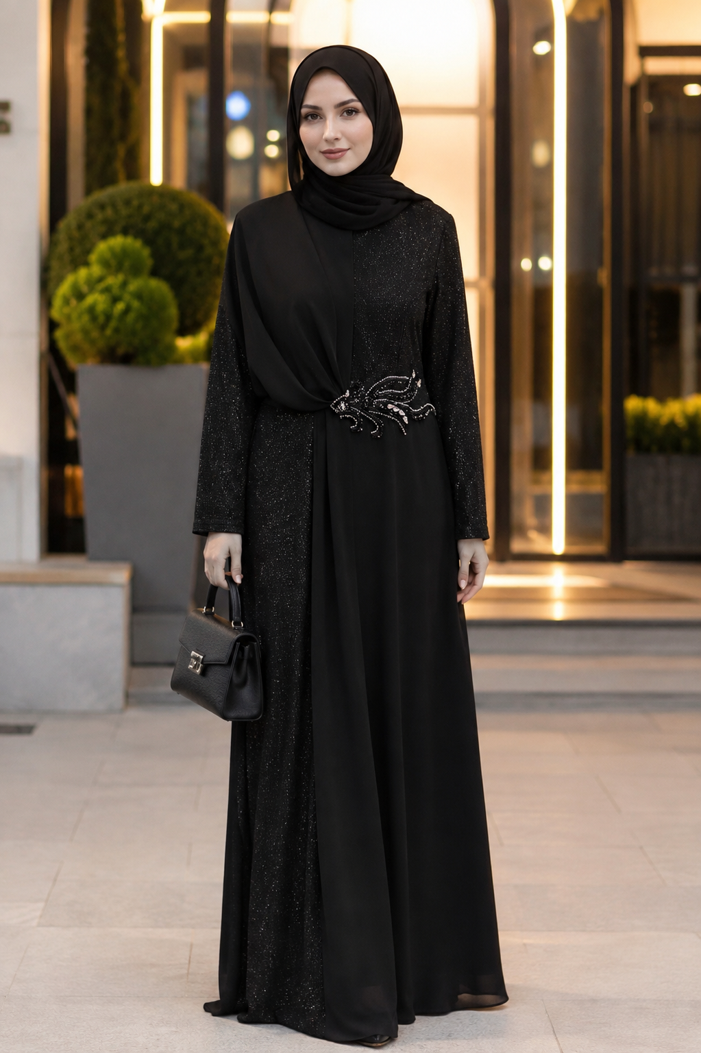 Sim Kumaşlı Drape Detaylı Abiye Siyah