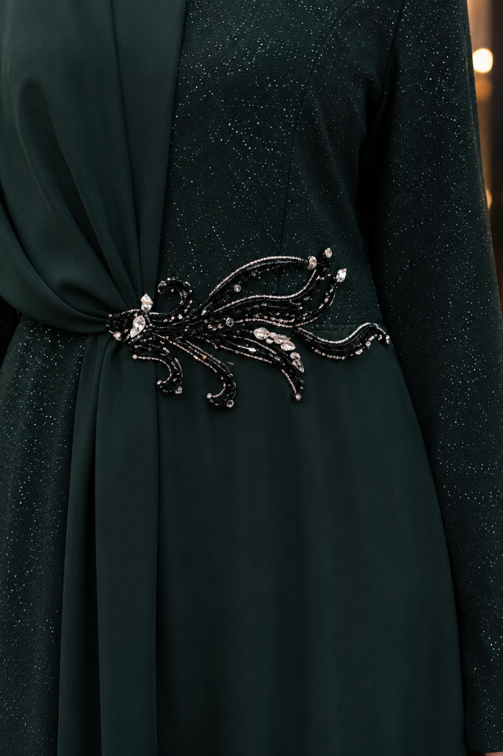 Sim Kumaşlı Drape Detaylı Abiye Zümrüt