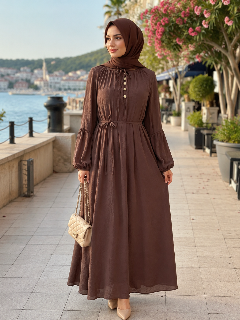 Yaka Düğmeli Elbise Kahve