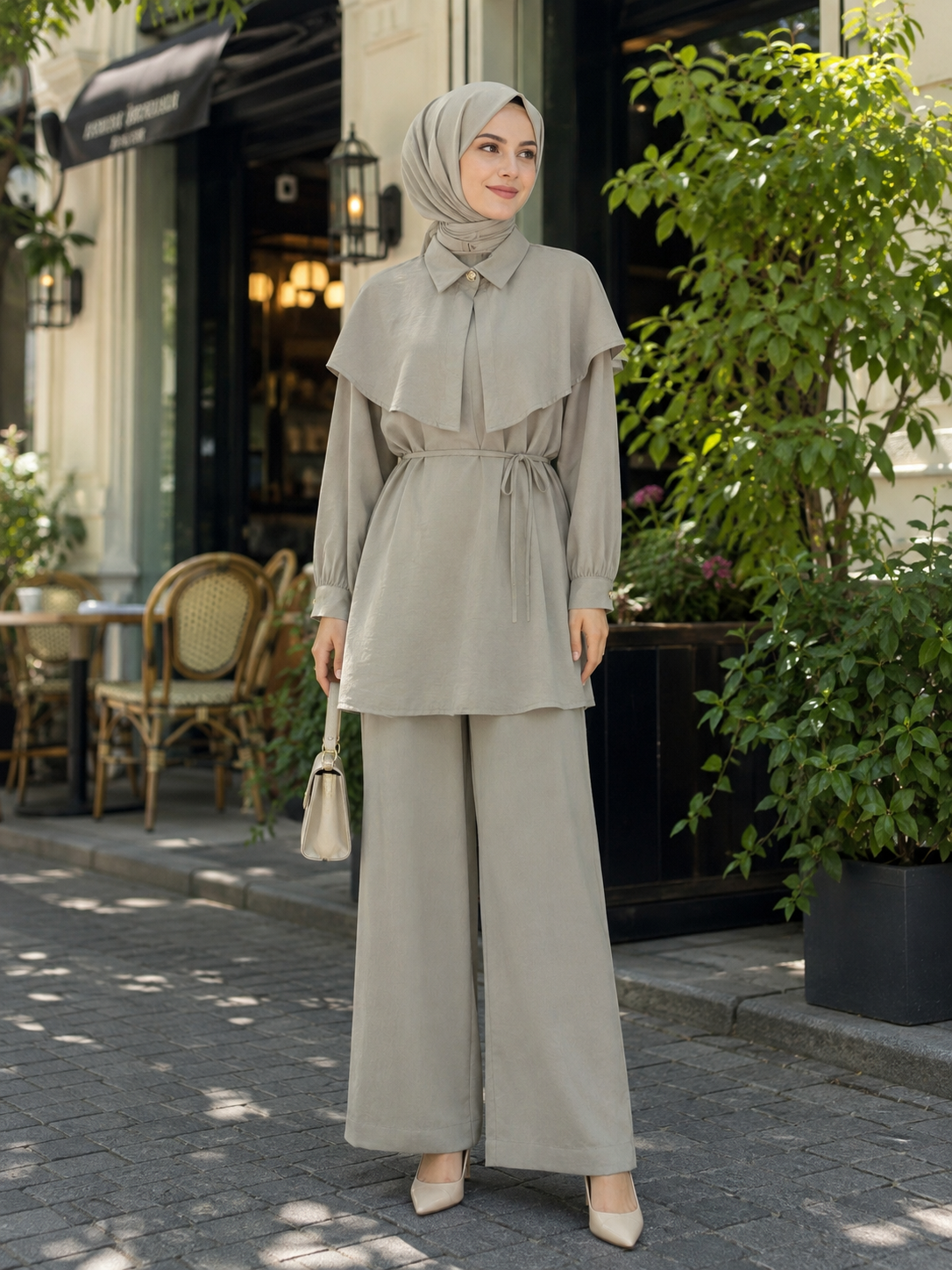 Pelerinli Pantolon Takım Adaçayı