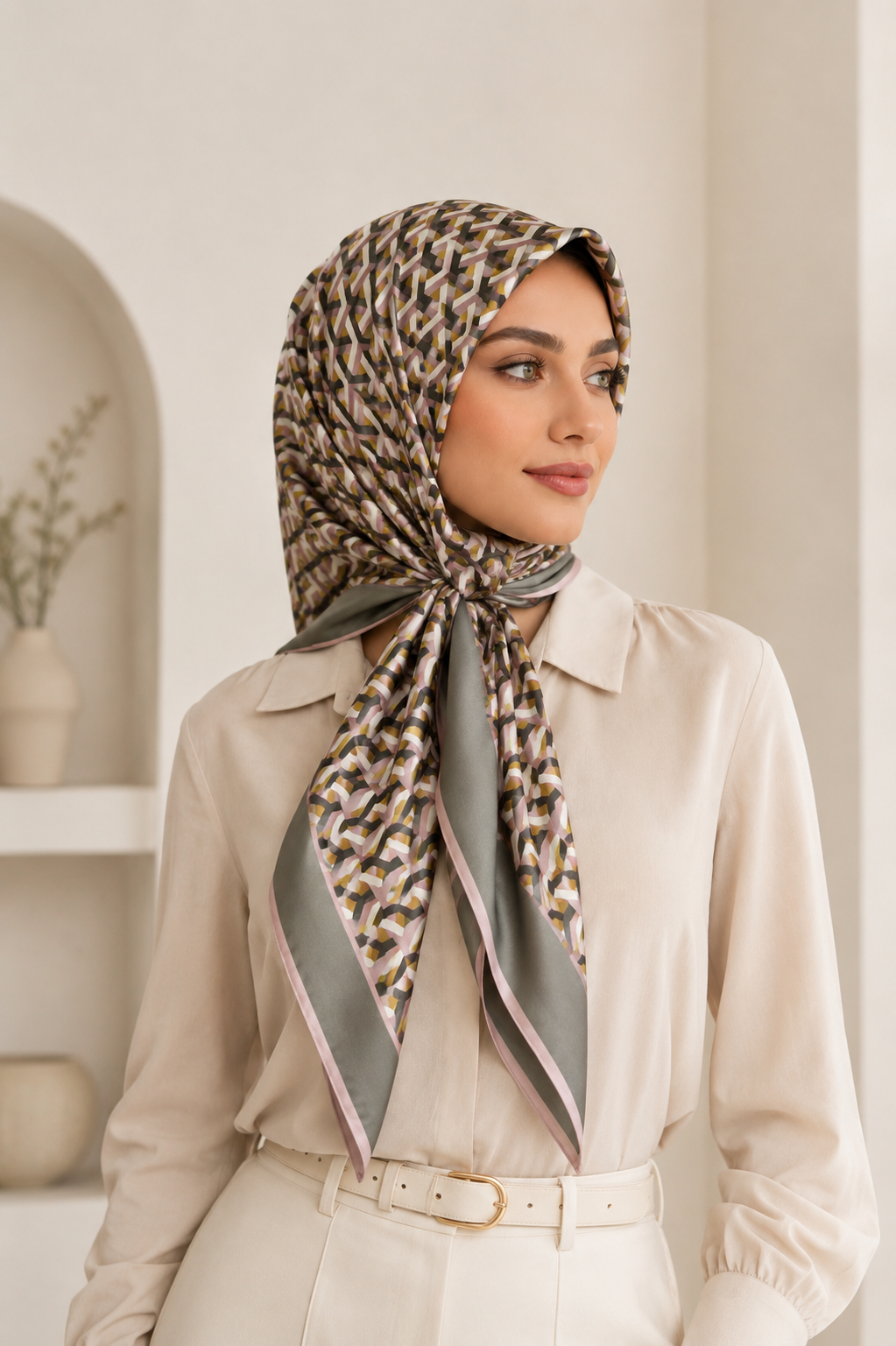 Geometrik Zincir Desen Levid’or Twill İpek Eşarp