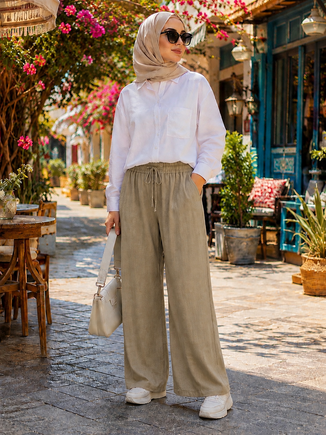 Beli Lastikli Rayon Pantolon Zeytin Yeşili