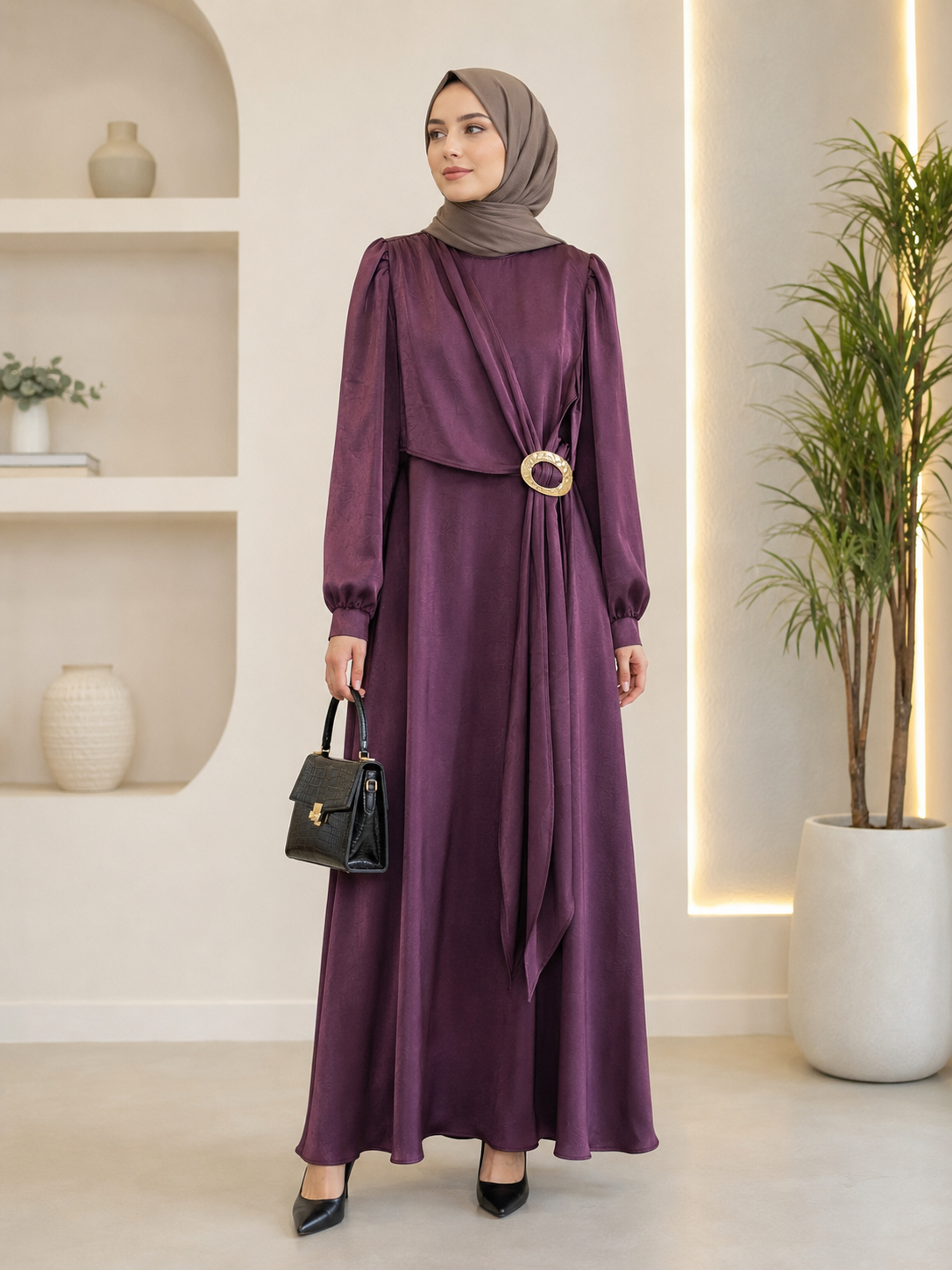 Kruvaze Drape Detaylı Saten Abiye