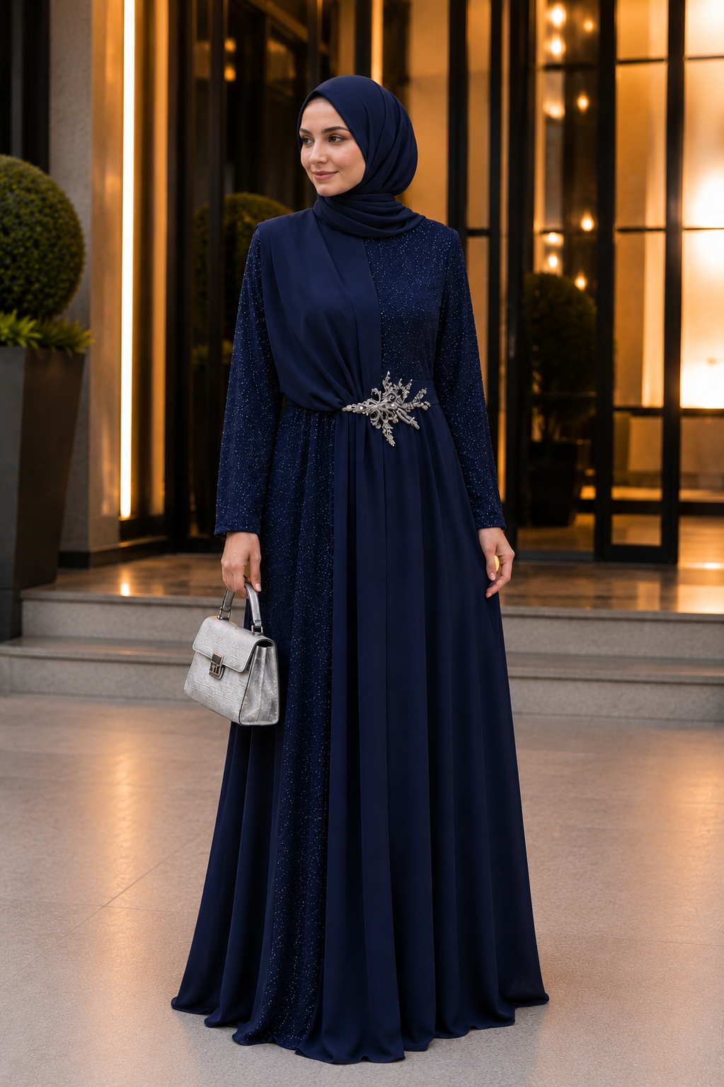 Sim Kumaşlı Drape Detaylı Abiye Lacivert