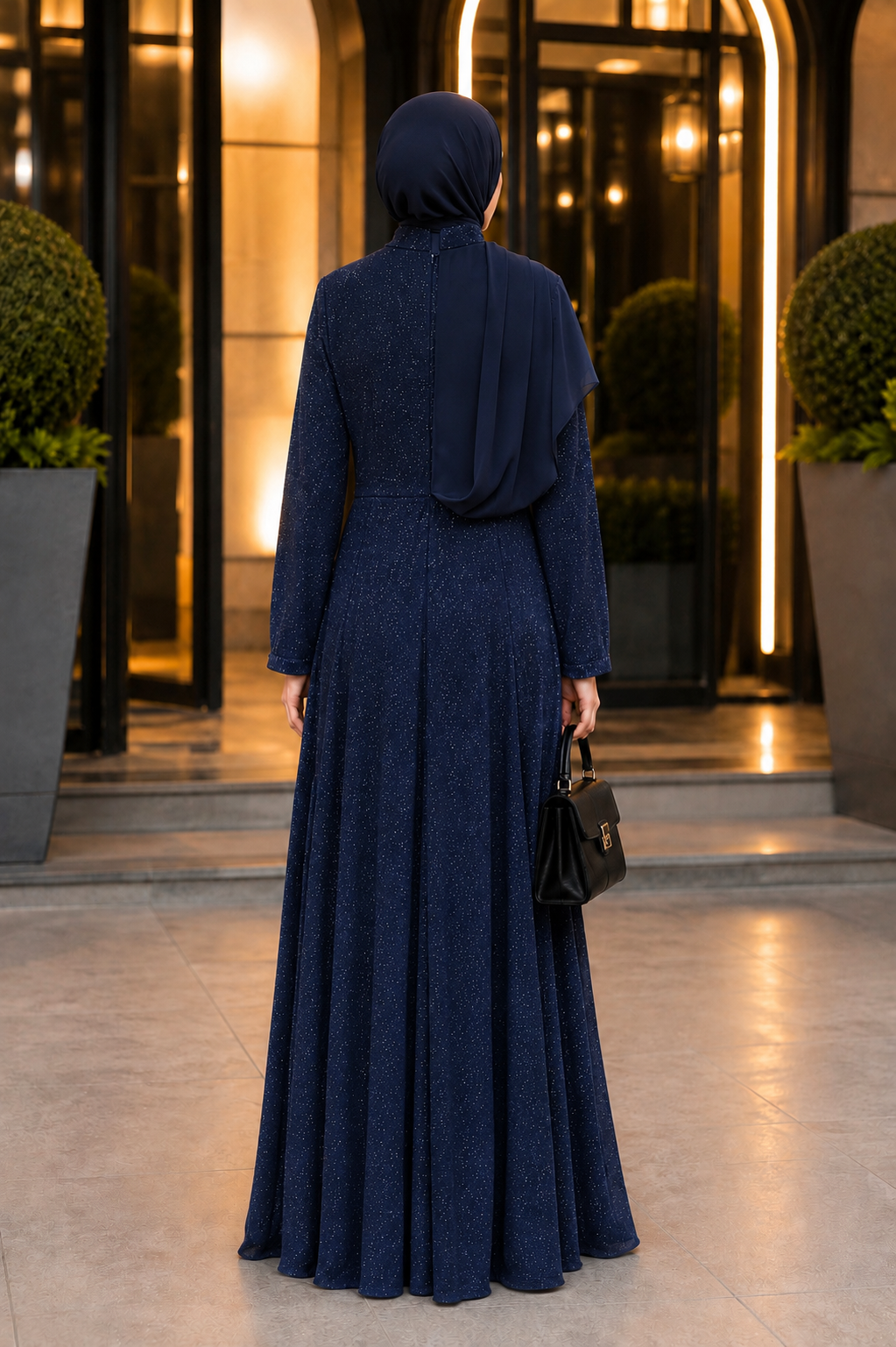 Sim Kumaşlı Drape Detaylı Abiye Lacivert