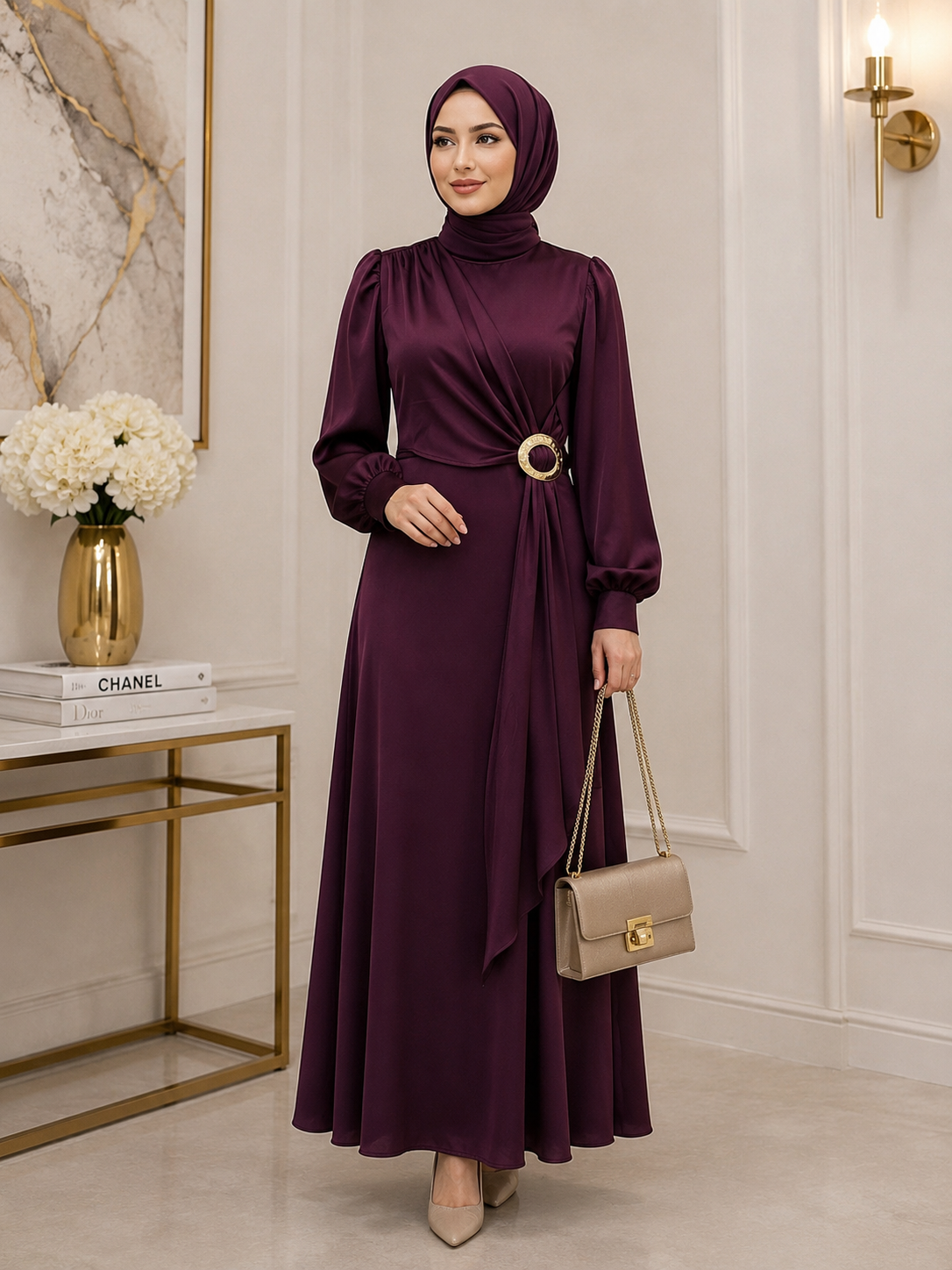 Bel Aksesuarlı Saten Abiye