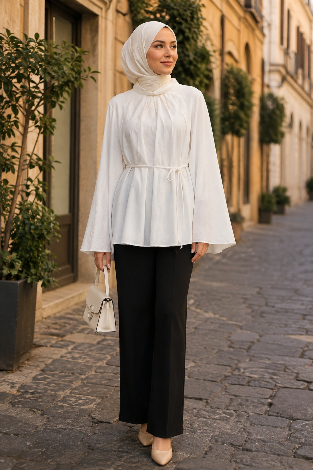 Bel Bağlamalı Peplum Bluz Beyaz