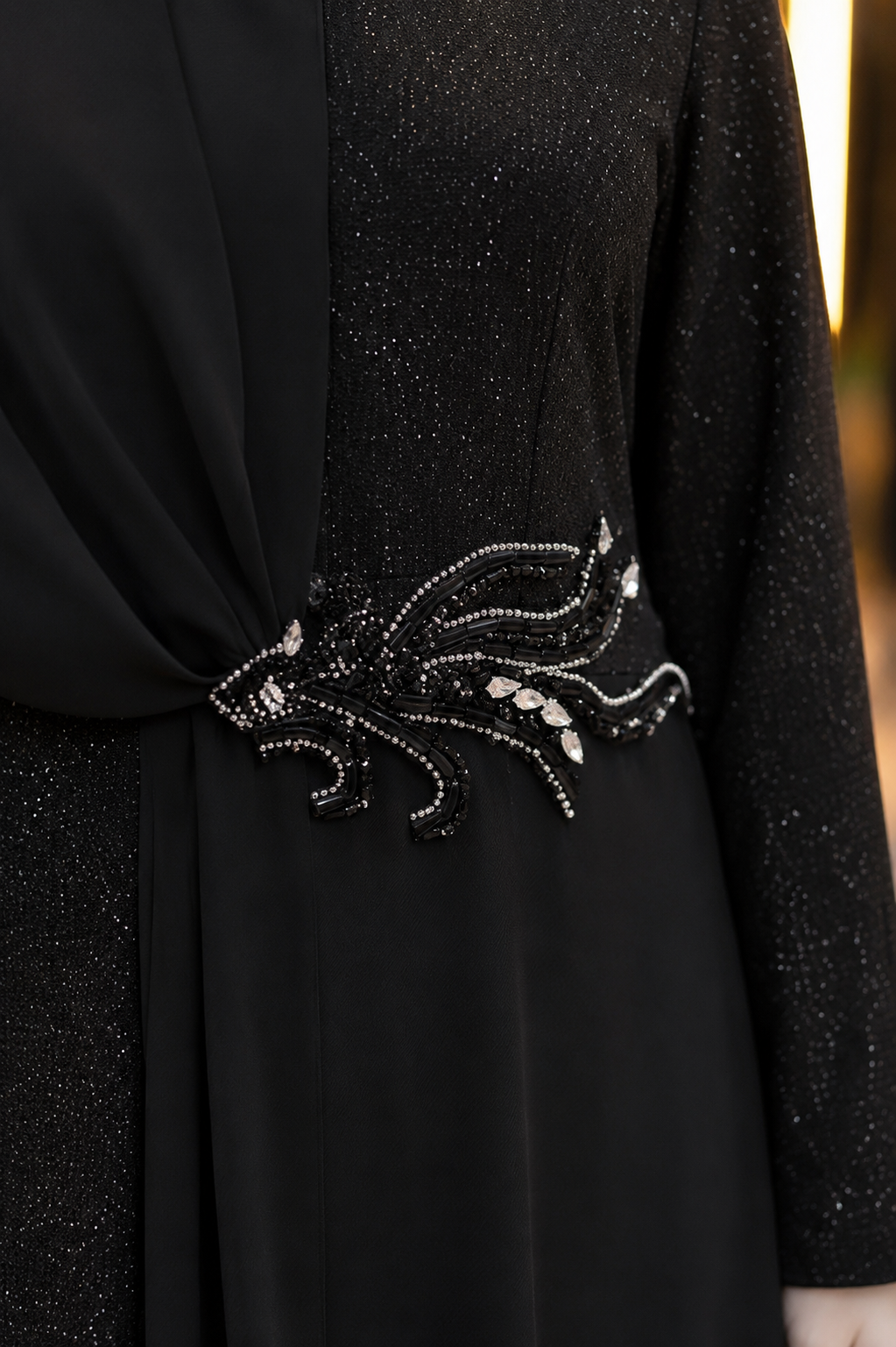 Sim Kumaşlı Drape Detaylı Abiye Siyah