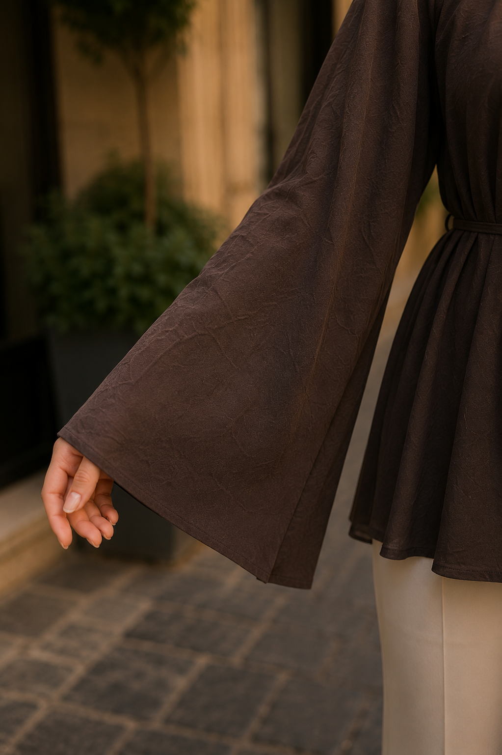 Bel Bağlamalı Peplum Bluz Koyu Kahve