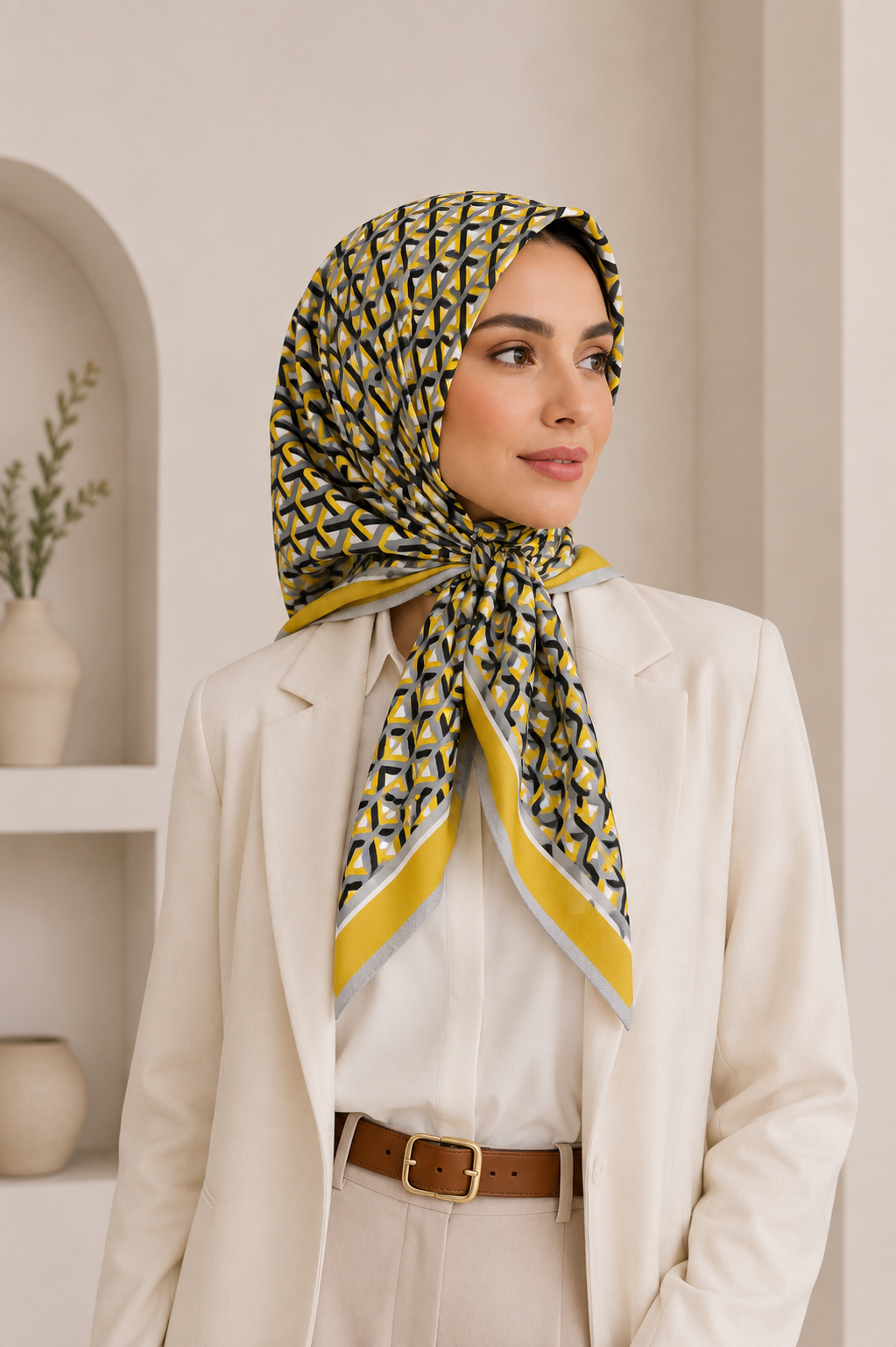Geometrik Zincir Desen Levid’or Twill İpek Eşarp