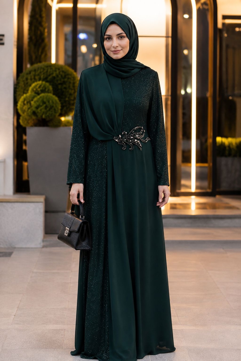 Sim Kumaşlı Drape Detaylı Abiye Zümrüt