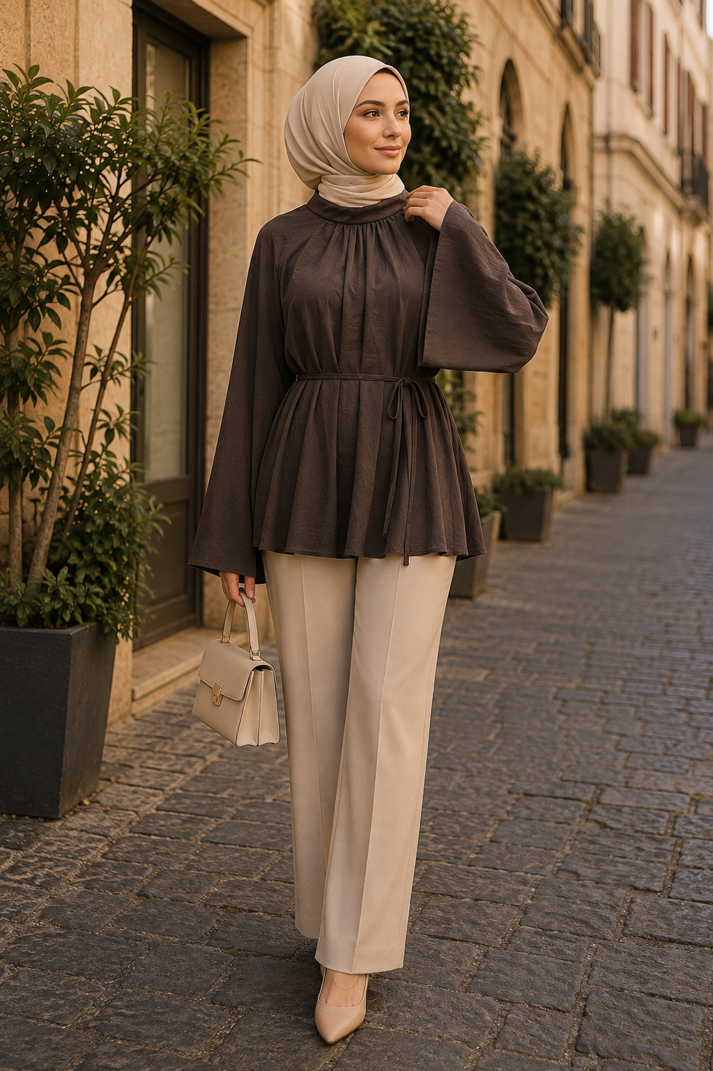 Bel Bağlamalı Peplum Bluz Koyu Kahve
