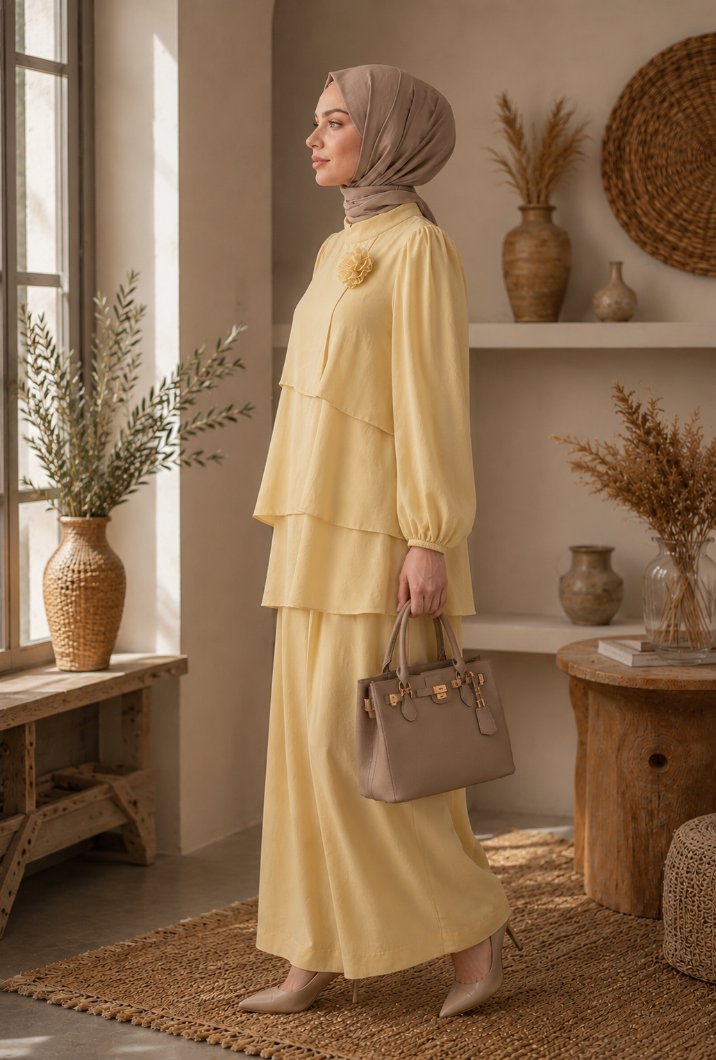 Çiçek Broş Detaylı Pantolon Takım Sarı