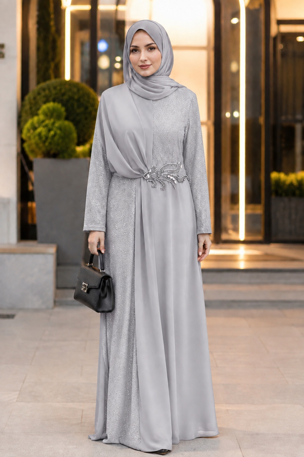 Sim Kumaşlı Drape Detaylı Abiye