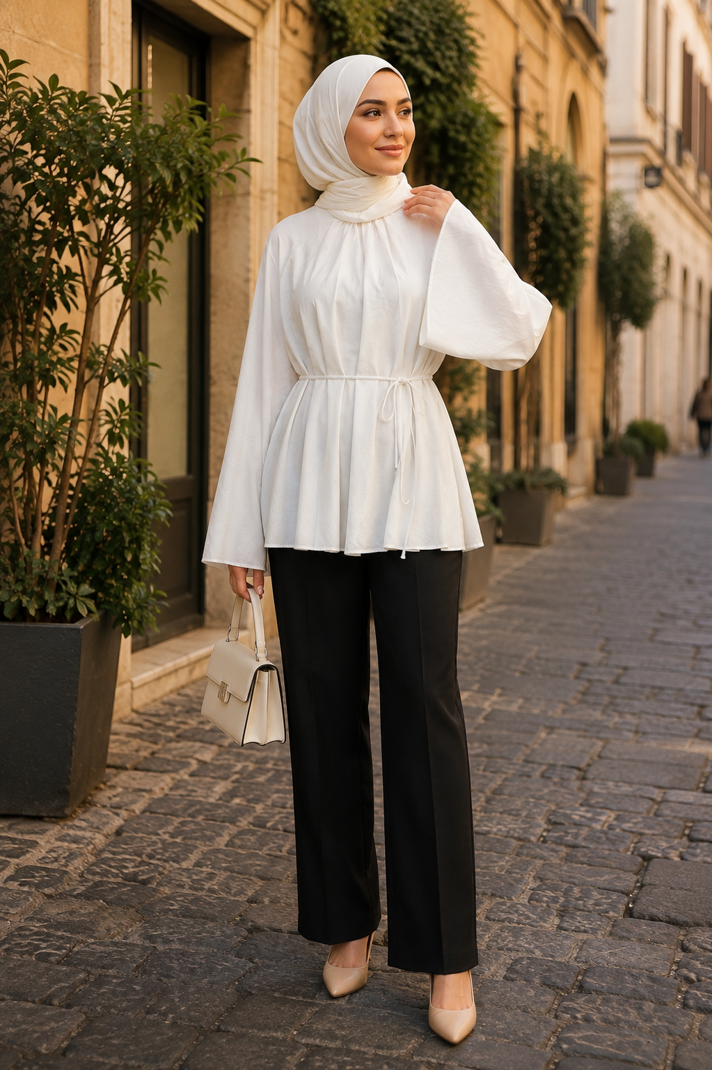 Bel Bağlamalı Peplum Bluz Beyaz