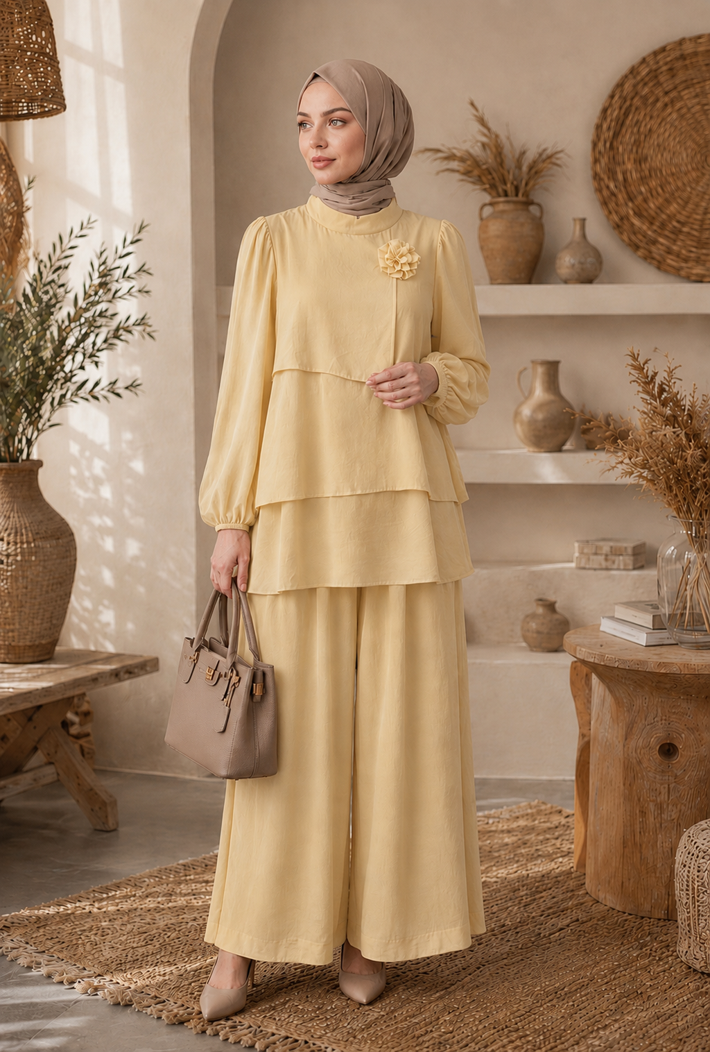 Çiçek Broş Detaylı Pantolon Takım Sarı