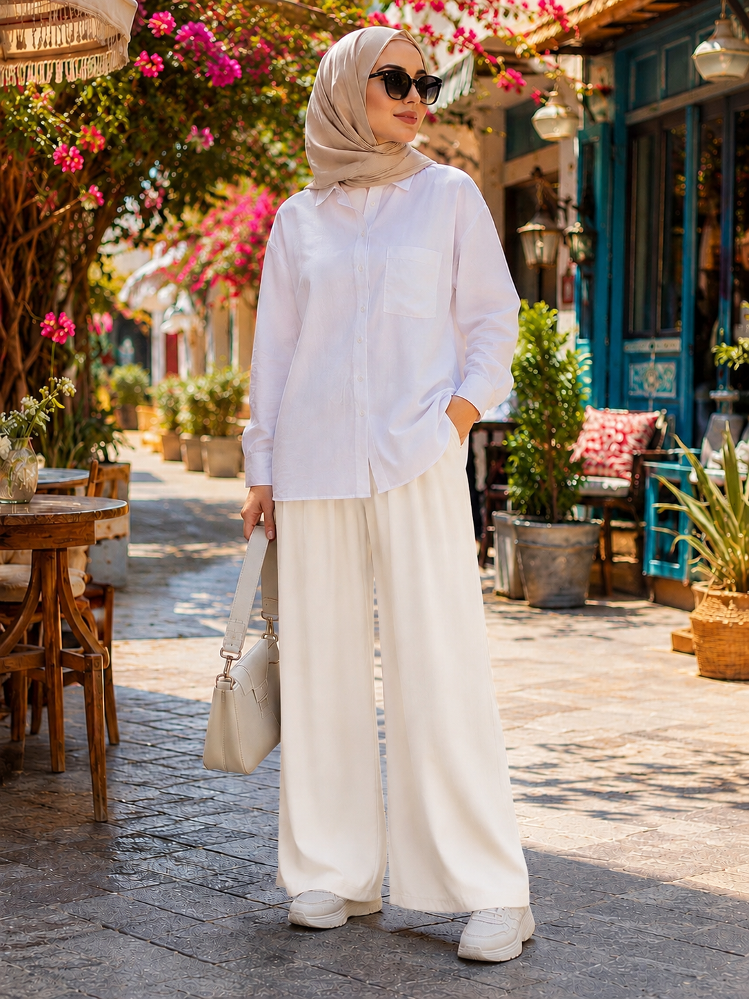 Beli Lastikli Rayon Pantolon Ekru