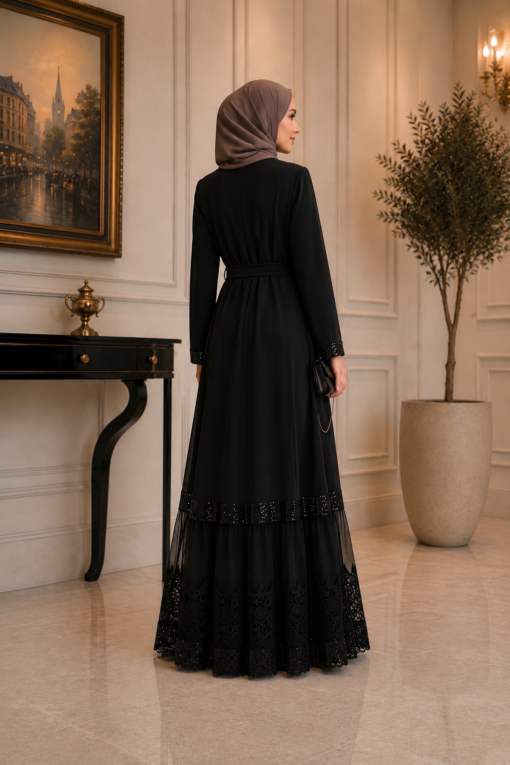 Dantel ve Payet Detaylı Abaya