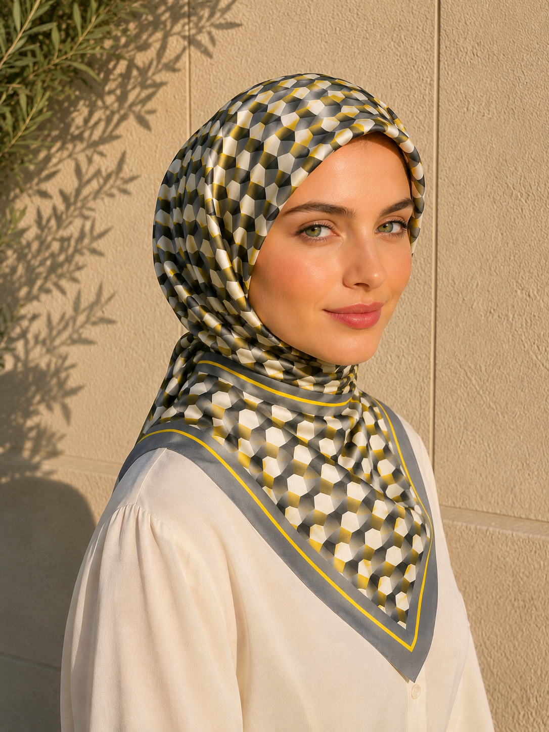 Geometrik Küp Desen Levid’or Twill İpek Eşarp